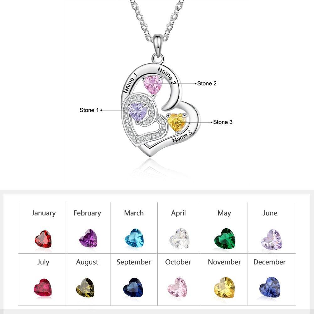 Romantic Custom Name Engraved Heart Pendant Necklace with 3 Birthstones Gift for Her - Personalized Jewel