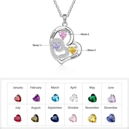 Romantic Custom Name Engraved Heart Pendant Necklace with 3 Birthstones Gift for Her - Personalized Jewel
