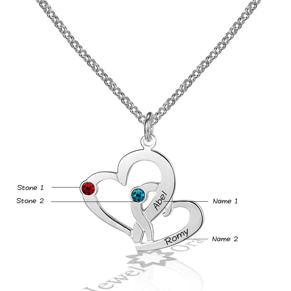 Romantic Name Engrave 925 Sterling Silver Double Heart Necklace Pendant Personalized Birthstone DIY Necklace - Personalized Jewel