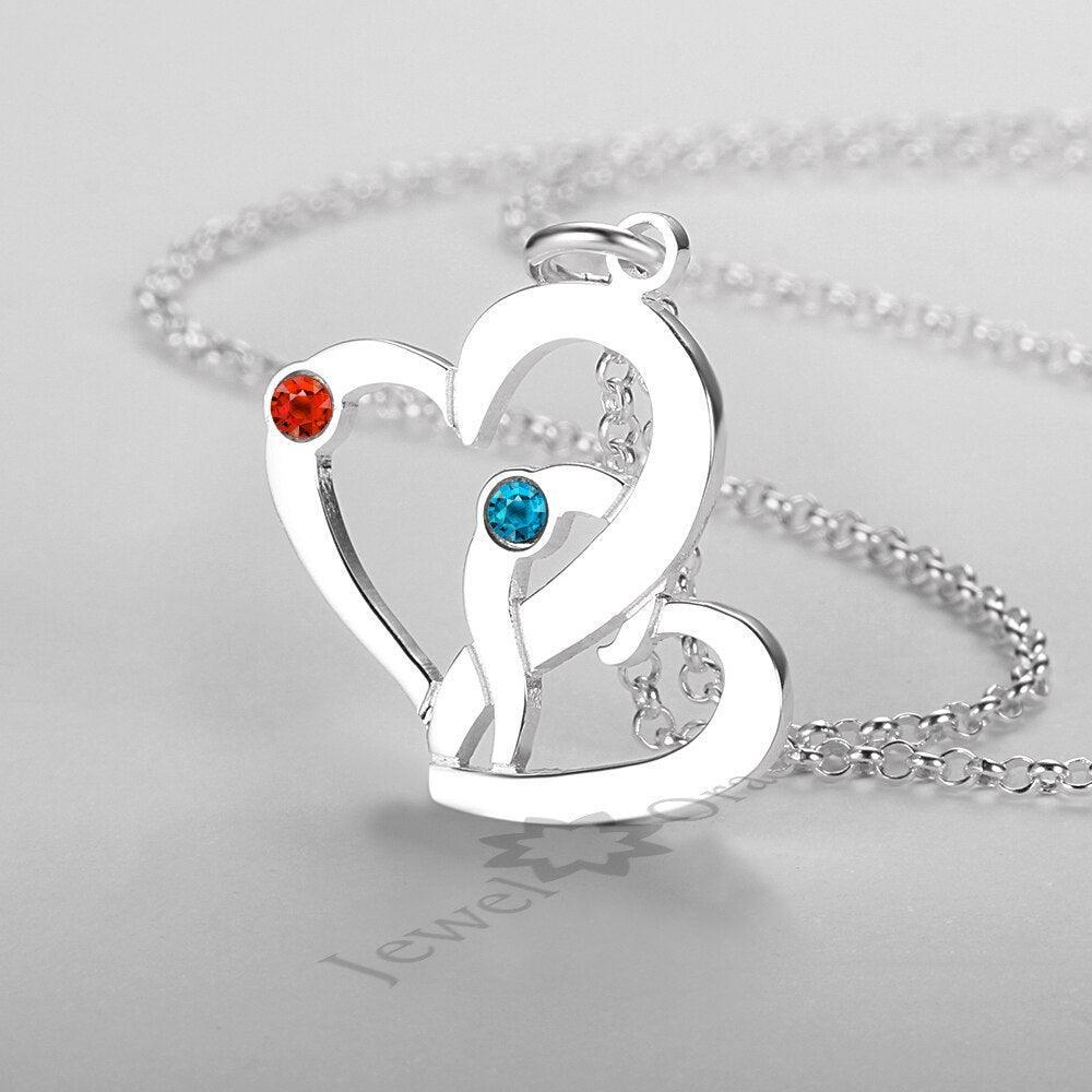 Romantic Name Engrave 925 Sterling Silver Double Heart Necklace Pendant Personalized Birthstone DIY Necklace - Personalized Jewel