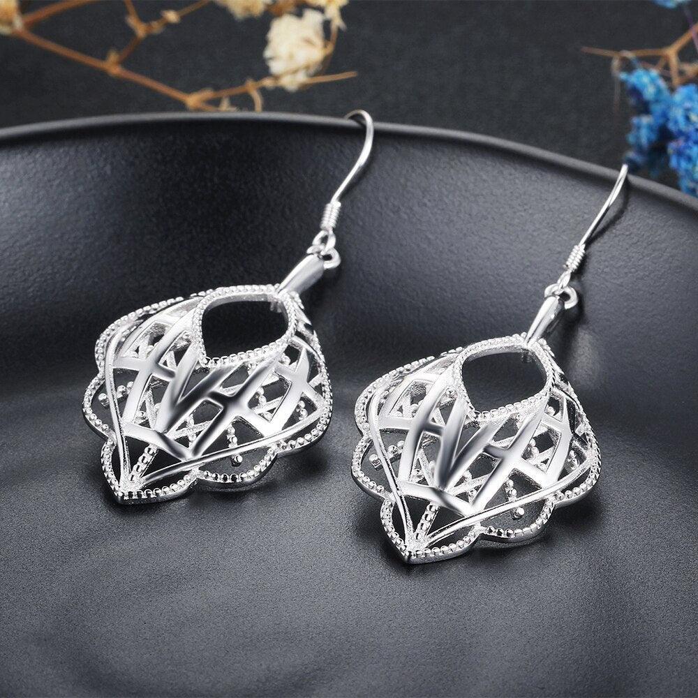 Romantic Style 925 Sterling Silver Geometric Pattern Hollow Drop Earrings, Party Jewelry Hook Ear Piece for Women - Personalized Jewel