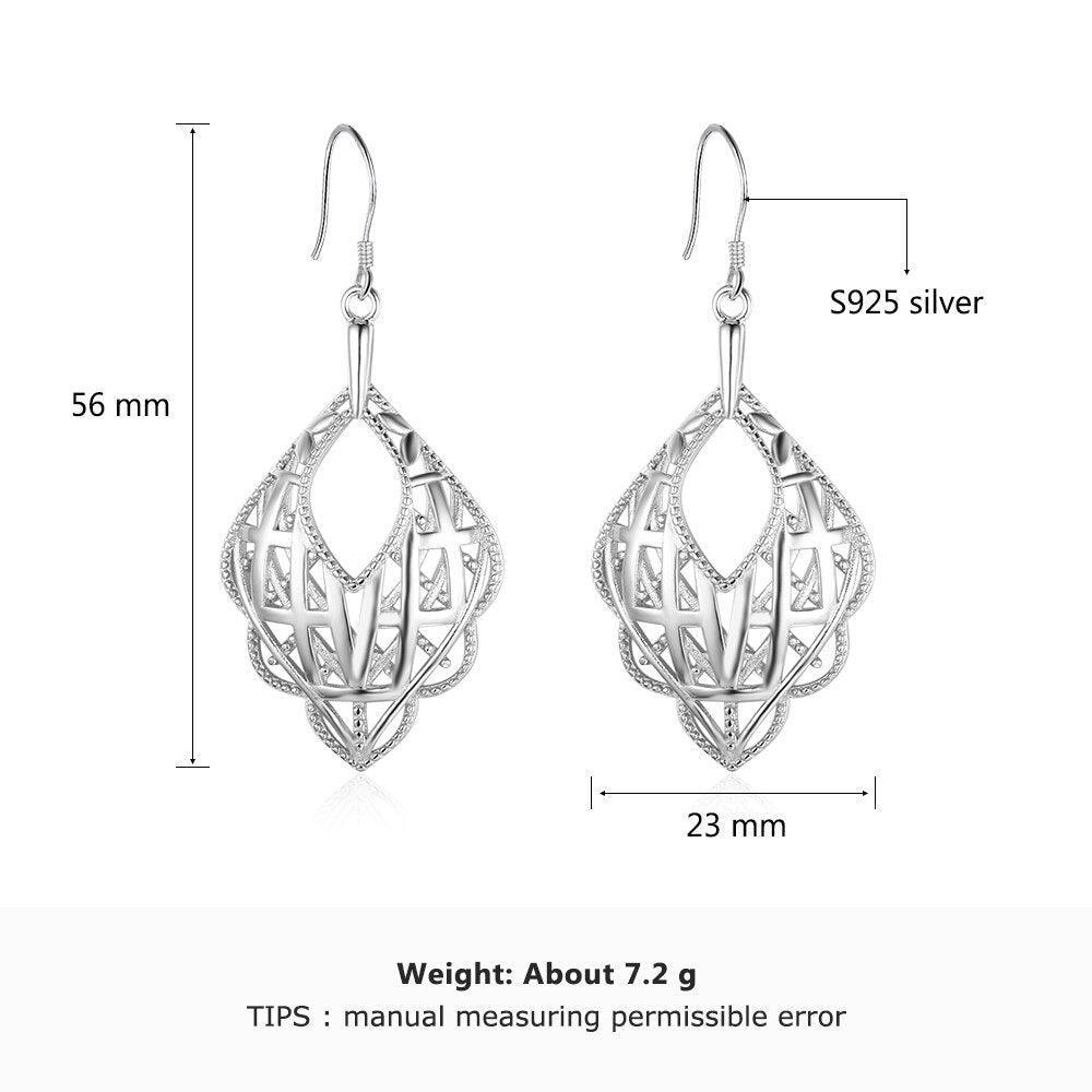 Romantic Style 925 Sterling Silver Geometric Pattern Hollow Drop Earrings, Party Jewelry Hook Ear Piece for Women - Personalized Jewel