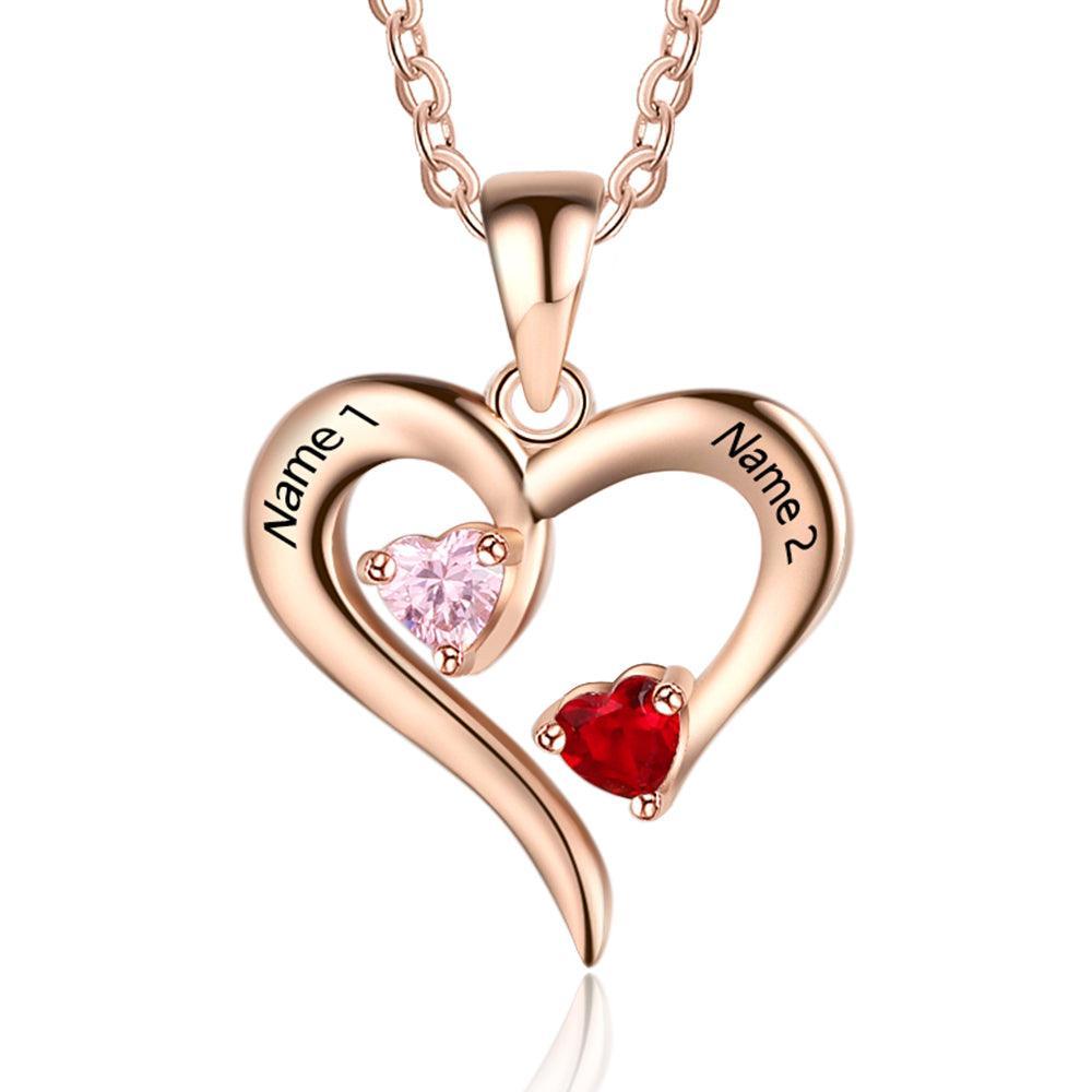 Rose Gold 925 Sterling Silver Necklace - Heart Shaped With Two Birthstone and Two Name Engraving For Mother's Day - Personalized Jewel