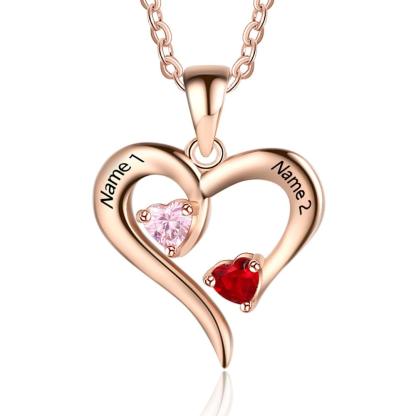 Rose Gold 925 Sterling Silver Necklace - Heart Shaped With Two Birthstone and Two Name Engraving For Mother's Day - Personalized Jewel