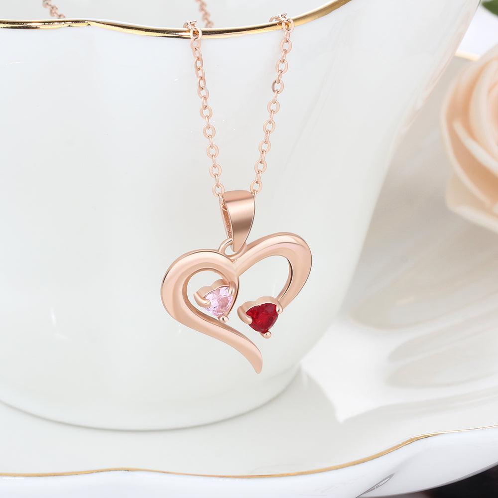 Rose Gold 925 Sterling Silver Necklace - Heart Shaped With Two Birthstone and Two Name Engraving For Mother's Day - Personalized Jewel