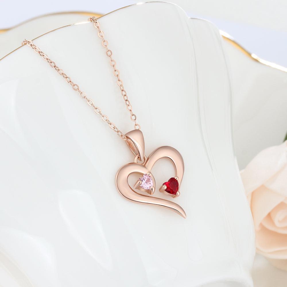 Rose Gold 925 Sterling Silver Necklace - Heart Shaped With Two Birthstone and Two Name Engraving For Mother's Day - Personalized Jewel