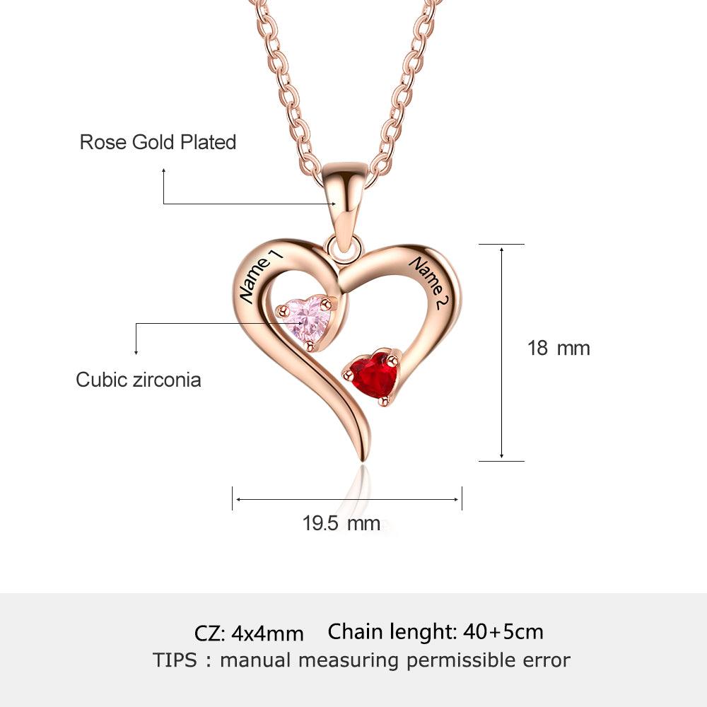 Rose Gold 925 Sterling Silver Necklace - Heart Shaped With Two Birthstone and Two Name Engraving For Mother's Day - Personalized Jewel