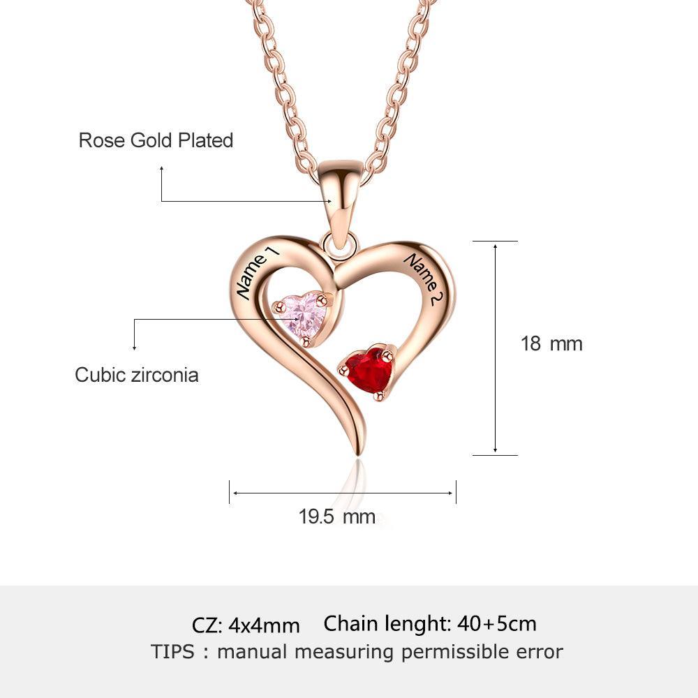 Rose Gold 925 Sterling Silver Necklace - Heart Shaped With Two Birthstone and Two Name Engraving For Mother's Day - Personalized Jewel