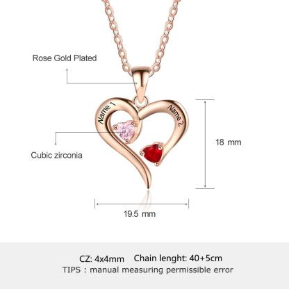 Rose Gold 925 Sterling Silver Necklace - Heart Shaped With Two Birthstone and Two Name Engraving For Mother's Day - Personalized Jewel