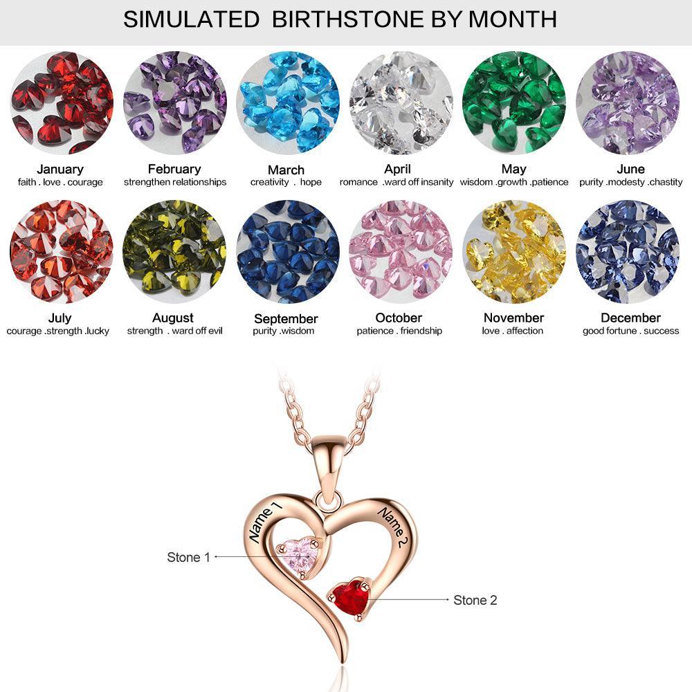 Rose Gold 925 Sterling Silver Necklace - Heart Shaped With Two Birthstone and Two Name Engraving For Mother's Day - Personalized Jewel