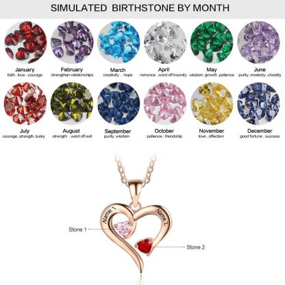 Rose Gold 925 Sterling Silver Necklace - Heart Shaped With Two Birthstone and Two Name Engraving For Mother's Day - Personalized Jewel