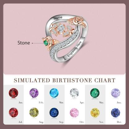 Roses Personalized Silver Rose Ring - 1 Custom Birthstone 1 Custom Name 1 Custom Engraving-Personalized Jewels