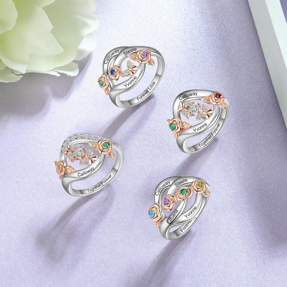 Roses Personalized Silver Rose Ring - 1 Custom Birthstone 1 Custom Name 1 Custom Engraving-Personalized Jewels