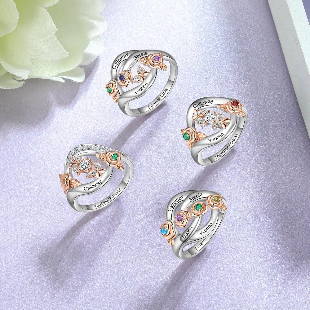 Roses Personalized Silver Rose Ring - 1 Custom Birthstone 1 Custom Name 1 Custom Engraving-Personalized Jewels