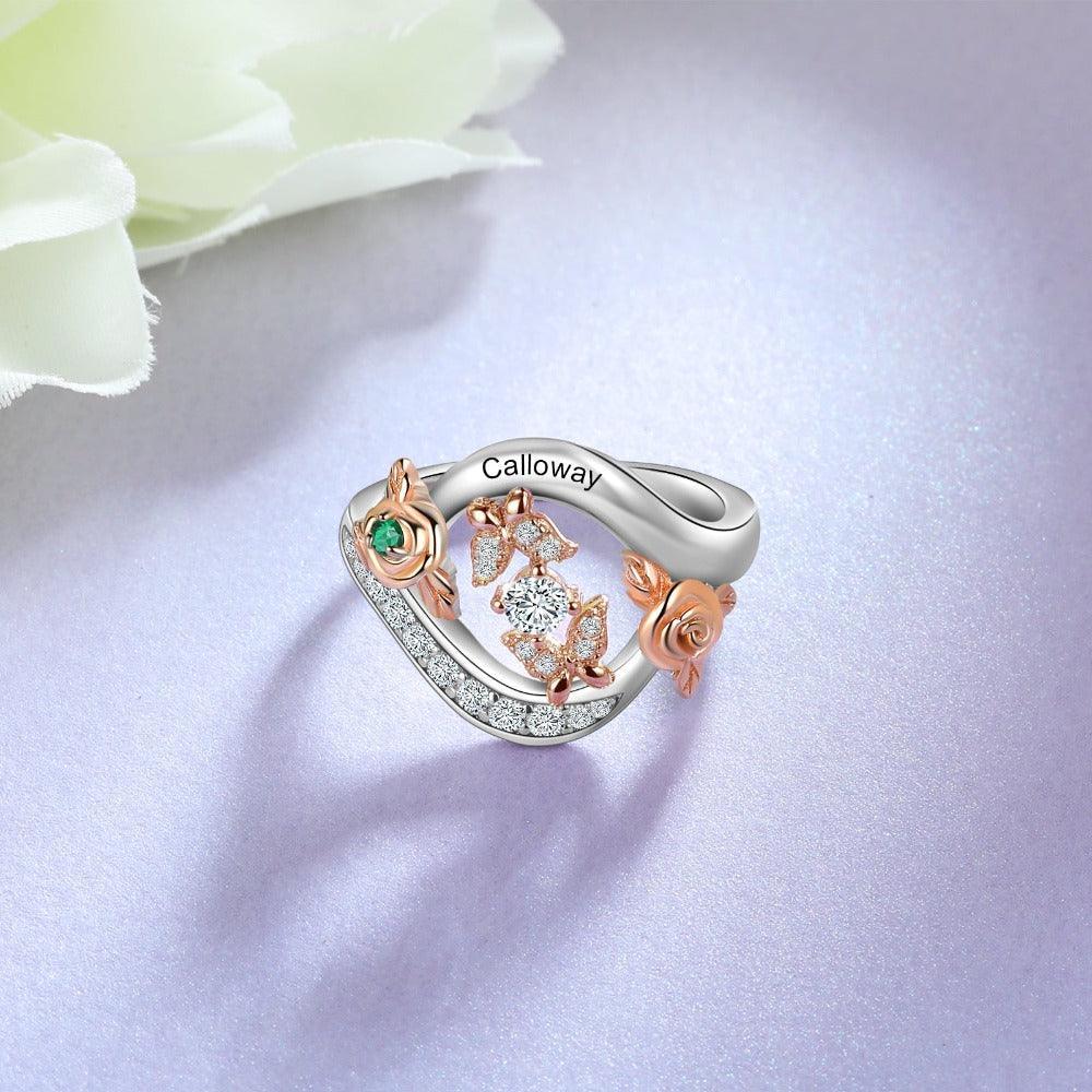 Roses Personalized Silver Rose Ring - 1 Custom Birthstone 1 Custom Name 1 Custom Engraving-Personalized Jewels