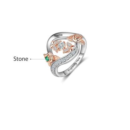 Roses Personalized Silver Rose Ring - 1 Custom Birthstone 1 Custom Name 1 Custom Engraving-Personalized Jewels
