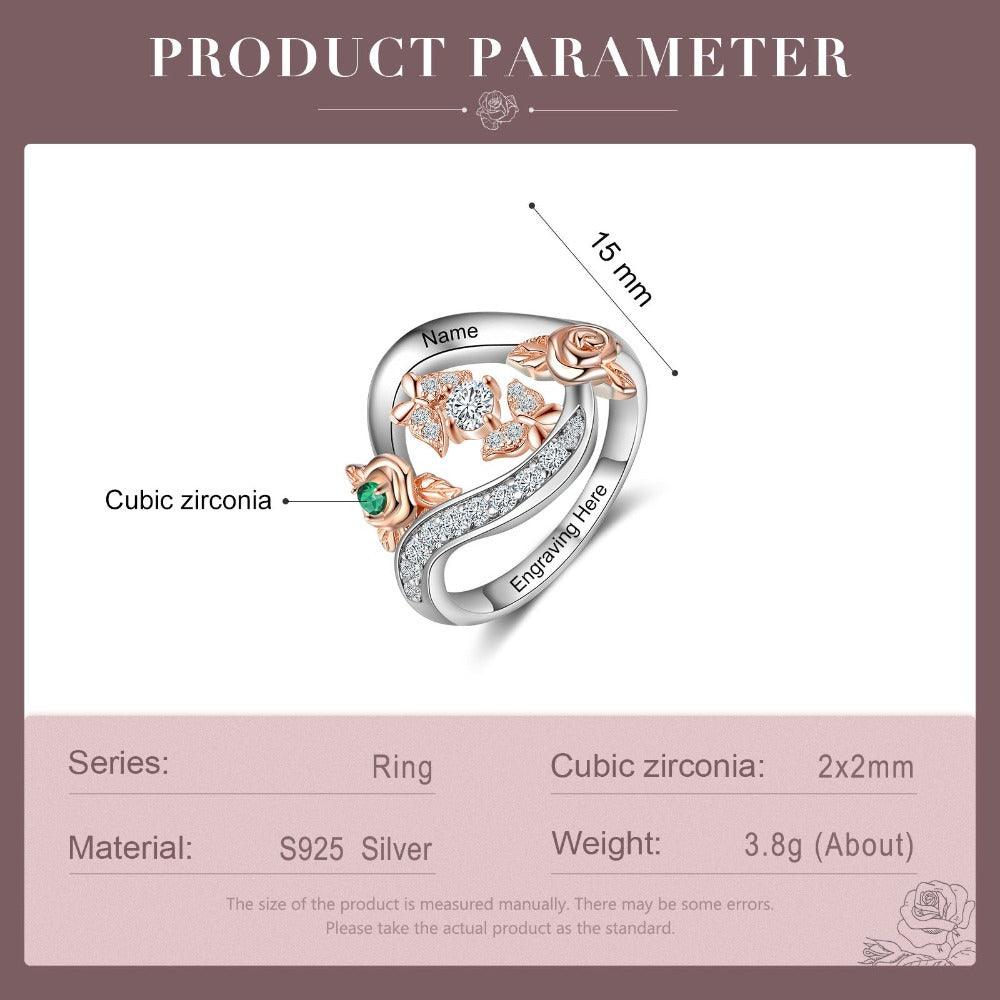 Roses Personalized Silver Rose Ring - 1 Custom Birthstone 1 Custom Name 1 Custom Engraving-Personalized Jewels