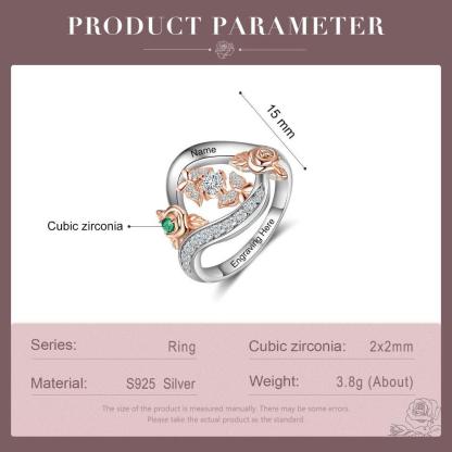 Roses Personalized Silver Rose Ring - 1 Custom Birthstone 1 Custom Name 1 Custom Engraving-Personalized Jewels