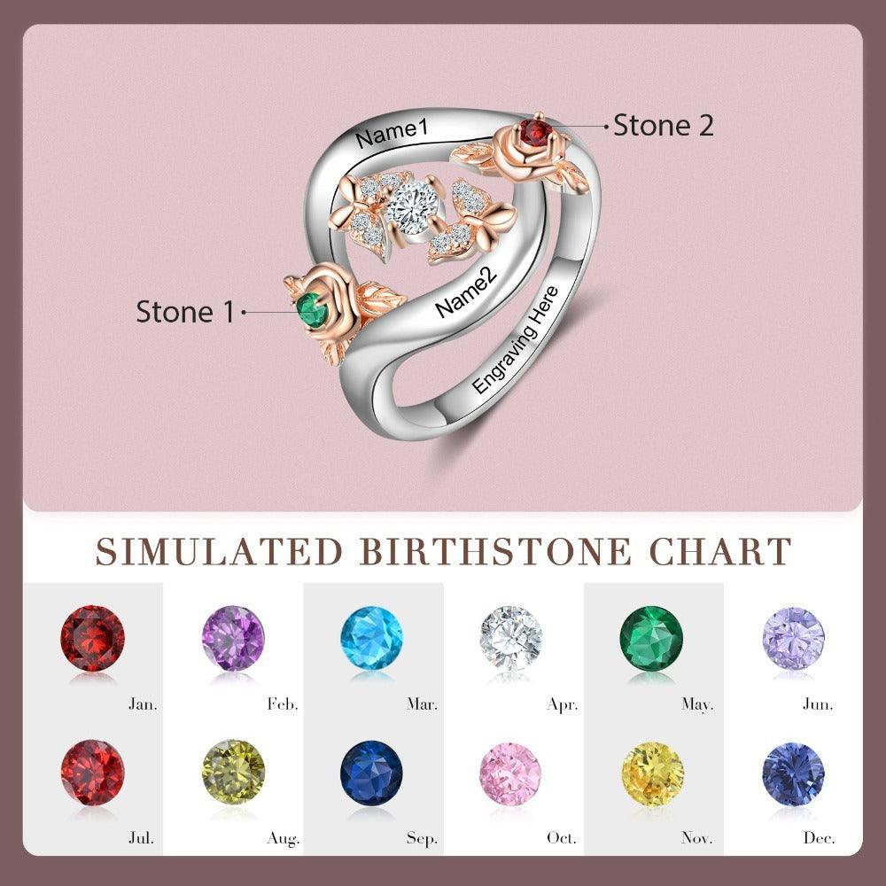 Roses Personalized Silver Rose Ring - 2 Custom Birthstones 2 Custom Names 2 Custom Engravings-Personalized Jewels