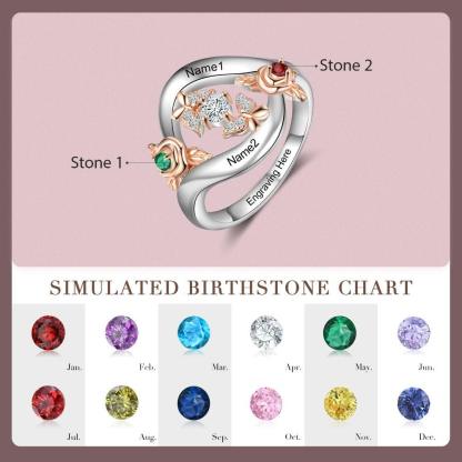 Roses Personalized Silver Rose Ring - 2 Custom Birthstones 2 Custom Names 2 Custom Engravings-Personalized Jewels