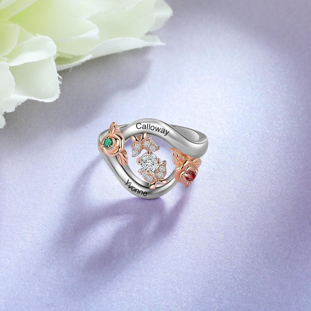 Roses Personalized Silver Rose Ring - 2 Custom Birthstones 2 Custom Names 2 Custom Engravings-Personalized Jewels