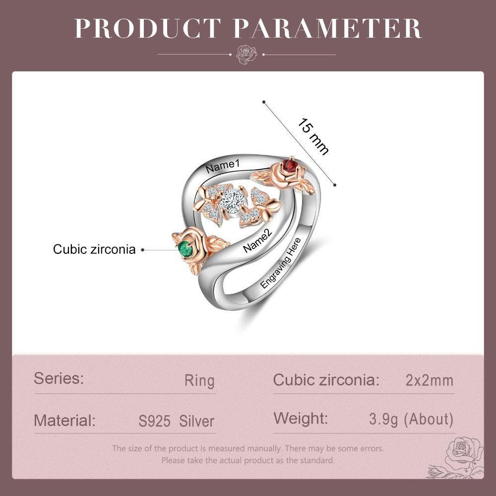 Roses Personalized Silver Rose Ring - 2 Custom Birthstones 2 Custom Names 2 Custom Engravings-Personalized Jewels