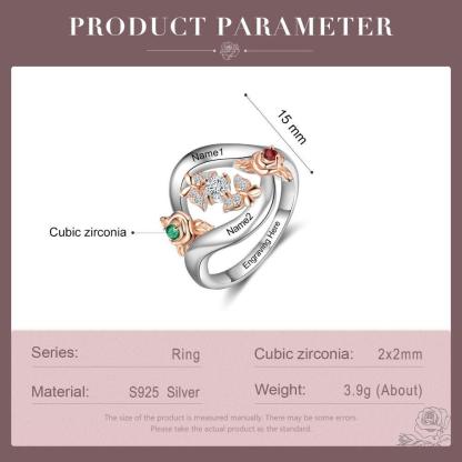 Roses Personalized Silver Rose Ring - 2 Custom Birthstones 2 Custom Names 2 Custom Engravings-Personalized Jewels
