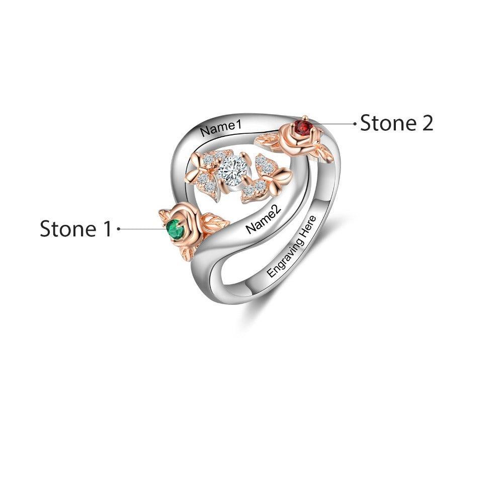 Roses Personalized Silver Rose Ring - 2 Custom Birthstones 2 Custom Names 2 Custom Engravings-Personalized Jewels