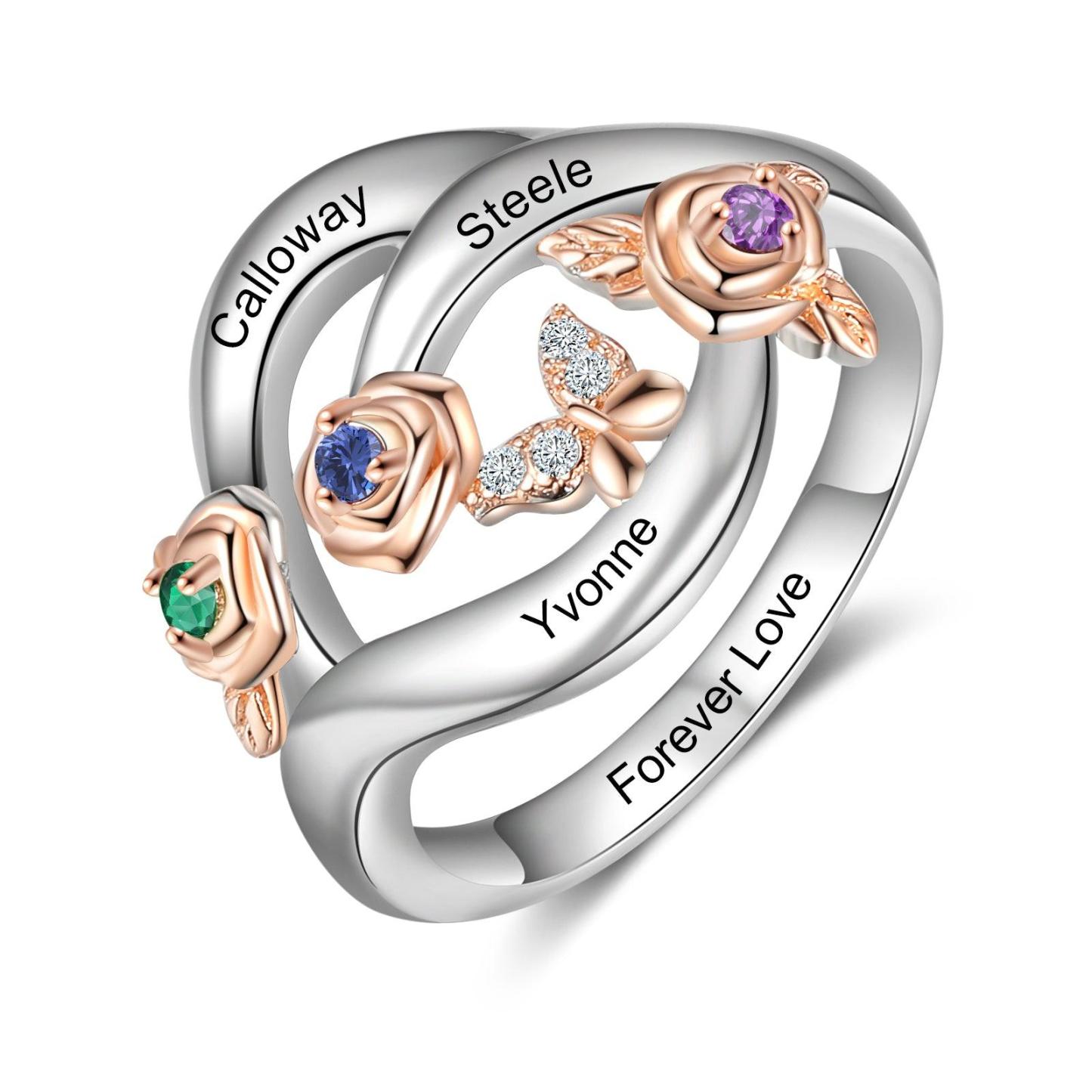 Roses Personalized Silver Rose Ring - 3 Custom Birthstones 3 Custom Names 3 Custom Engravings-Personalized Jewels
