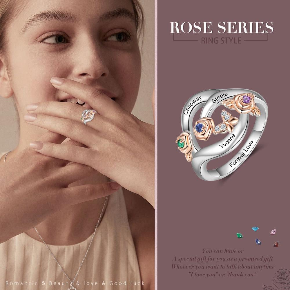 Roses Personalized Silver Rose Ring - 3 Custom Birthstones 3 Custom Names 3 Custom Engravings-Personalized Jewels