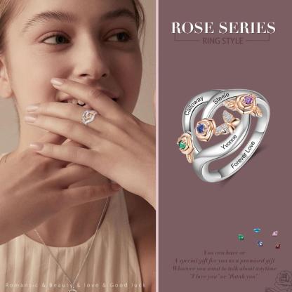 Roses Personalized Silver Rose Ring - 3 Custom Birthstones 3 Custom Names 3 Custom Engravings-Personalized Jewels