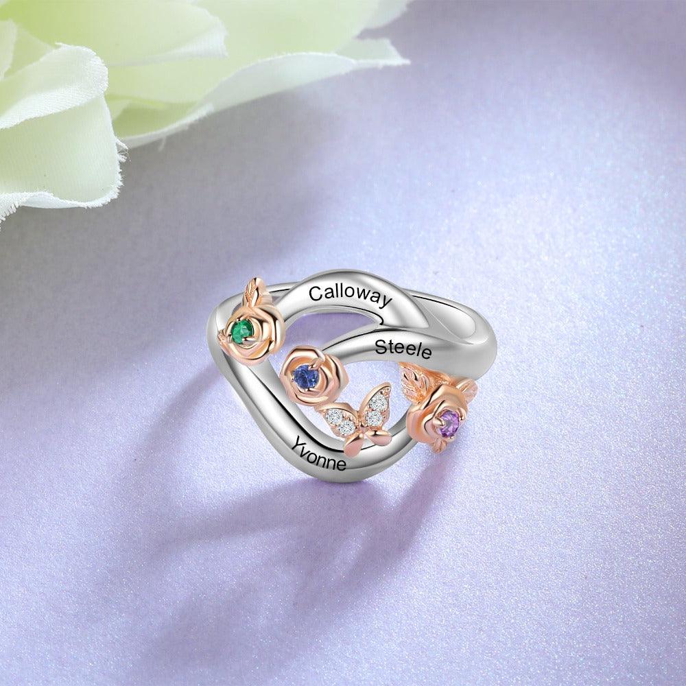 Roses Personalized Silver Rose Ring - 3 Custom Birthstones 3 Custom Names 3 Custom Engravings-Personalized Jewels