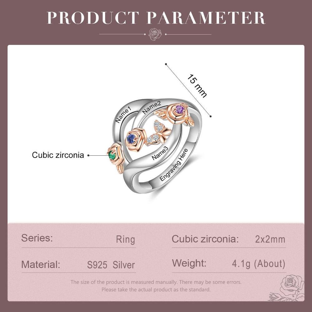 Roses Personalized Silver Rose Ring - 3 Custom Birthstones 3 Custom Names 3 Custom Engravings-Personalized Jewels