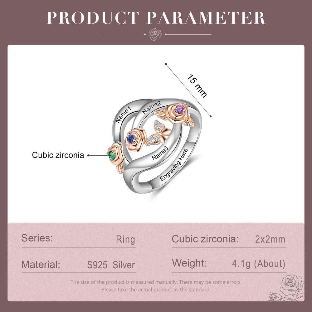 Roses Personalized Silver Rose Ring - 3 Custom Birthstones 3 Custom Names 3 Custom Engravings-Personalized Jewels