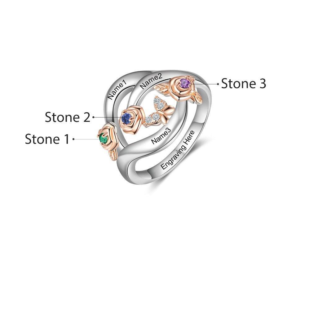 Roses Personalized Silver Rose Ring - 3 Custom Birthstones 3 Custom Names 3 Custom Engravings-Personalized Jewels