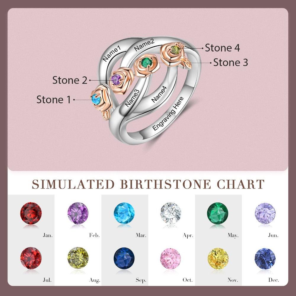 Roses Personalized Silver Rose Ring - 4 Custom Birthstones 4 Custom Names 4 Custom Engravings-Personalized Jewels