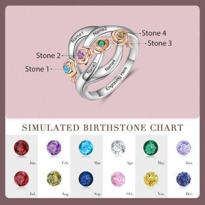 Roses Personalized Silver Rose Ring - 4 Custom Birthstones 4 Custom Names 4 Custom Engravings-Personalized Jewels