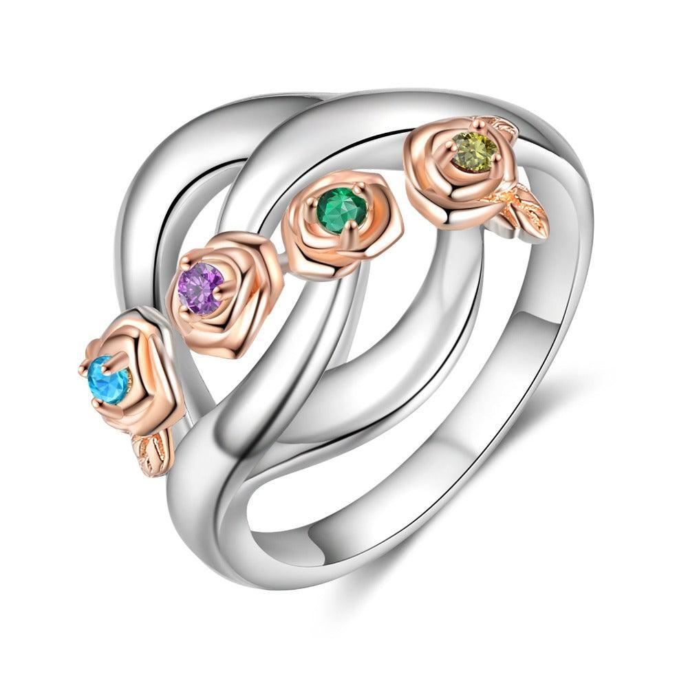 Roses Personalized Silver Rose Ring - 4 Custom Birthstones 4 Custom Names 4 Custom Engravings-Personalized Jewels