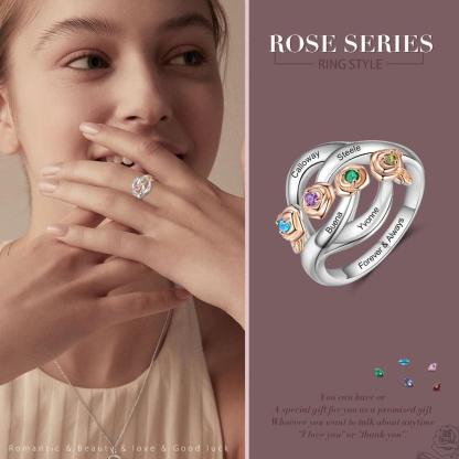 Roses Personalized Silver Rose Ring - 4 Custom Birthstones 4 Custom Names 4 Custom Engravings-Personalized Jewels