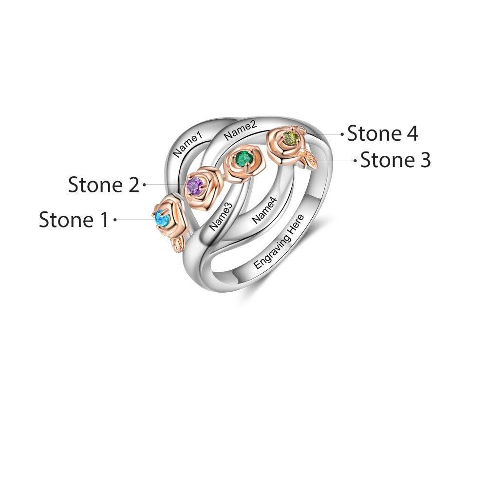 Roses Personalized Silver Rose Ring - 4 Custom Birthstones 4 Custom Names 4 Custom Engravings-Personalized Jewels