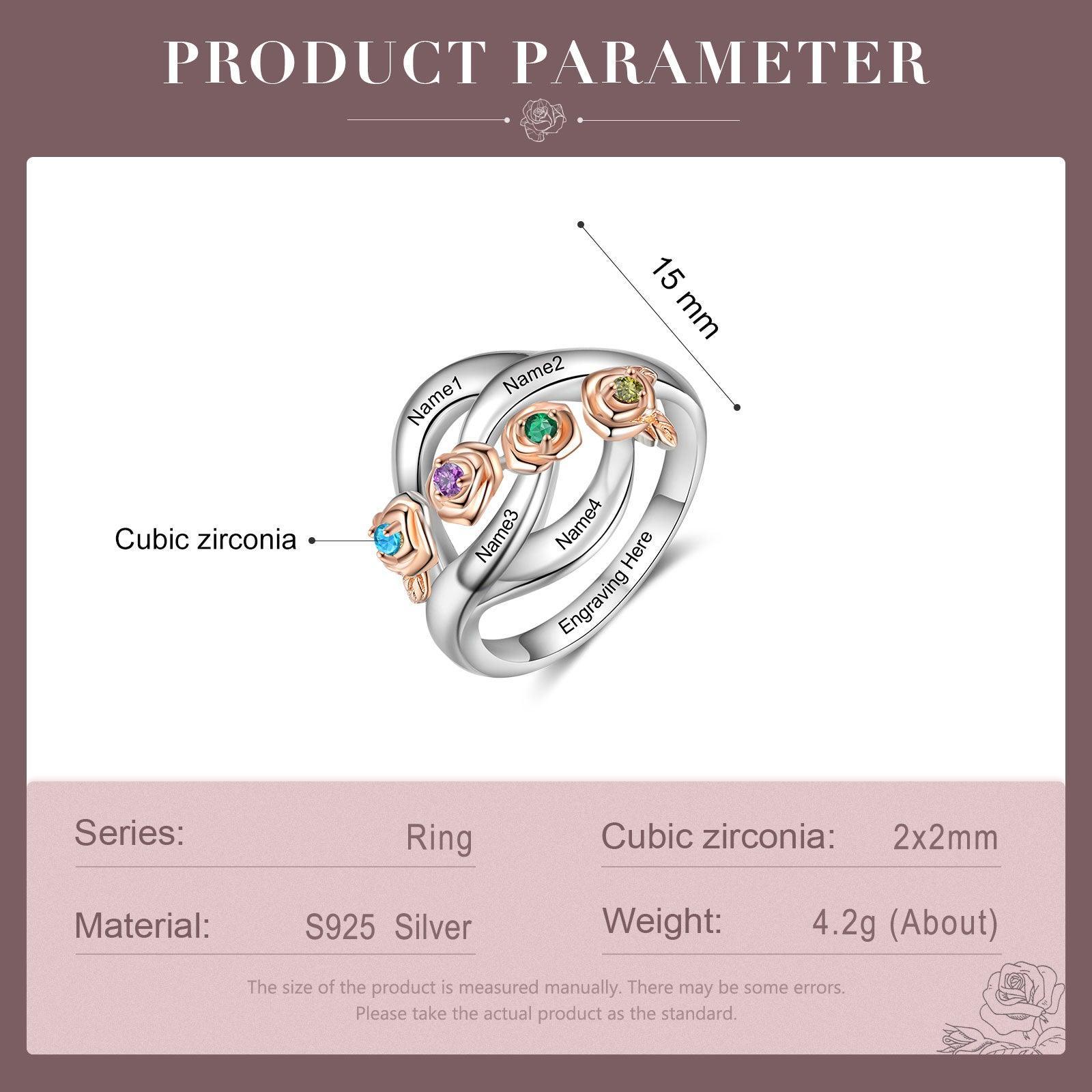 Roses Personalized Silver Rose Ring - 4 Custom Birthstones 4 Custom Names 4 Custom Engravings-Personalized Jewels