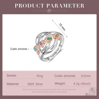 Roses Personalized Silver Rose Ring - 4 Custom Birthstones 4 Custom Names 4 Custom Engravings-Personalized Jewels