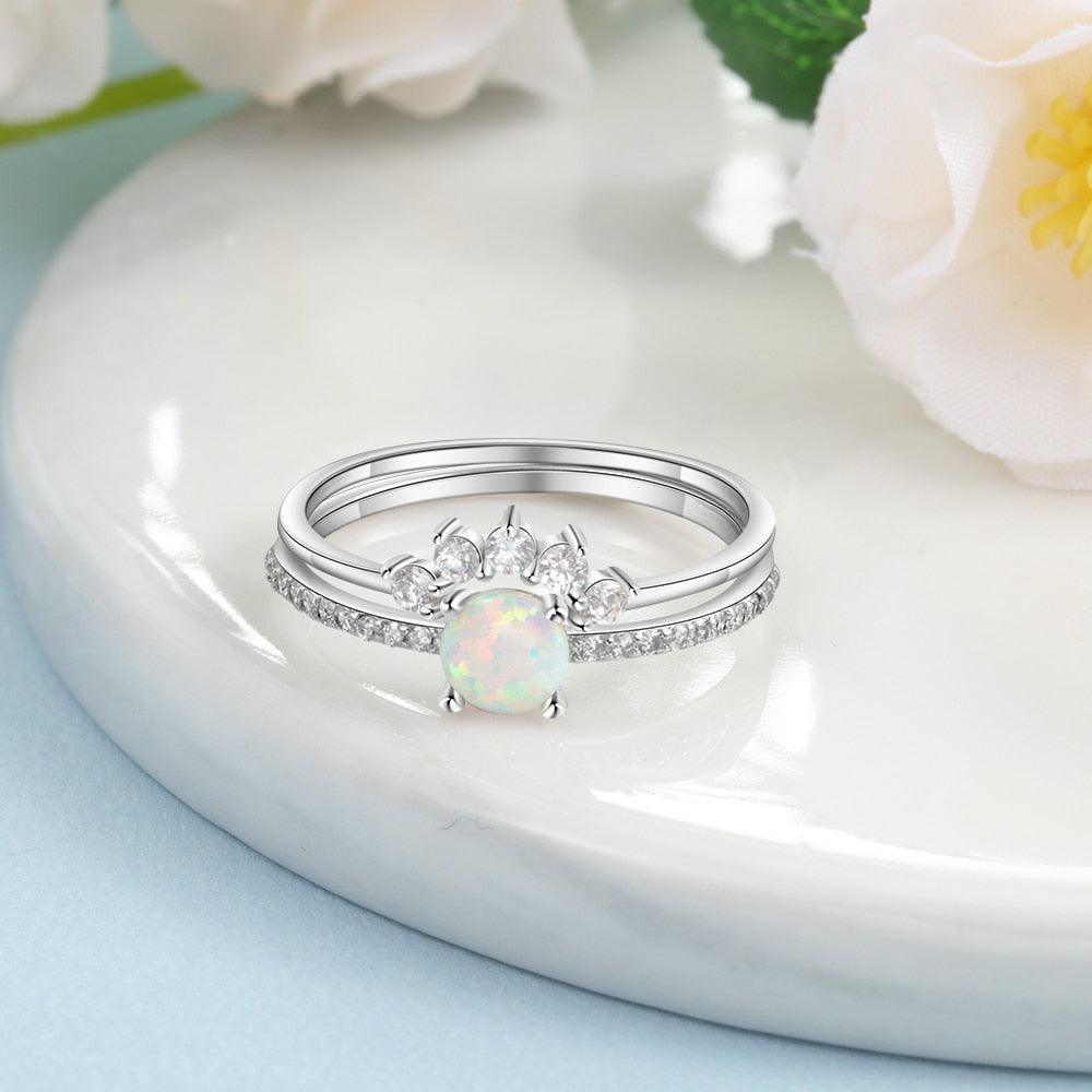 Round White Opal Crown Wedding Ring - Sterling Silver Ring - Trendy Engagement Ring Gift for Women - Fashion Ring Jewelry Gift for Women And Men - Personalized Jewel