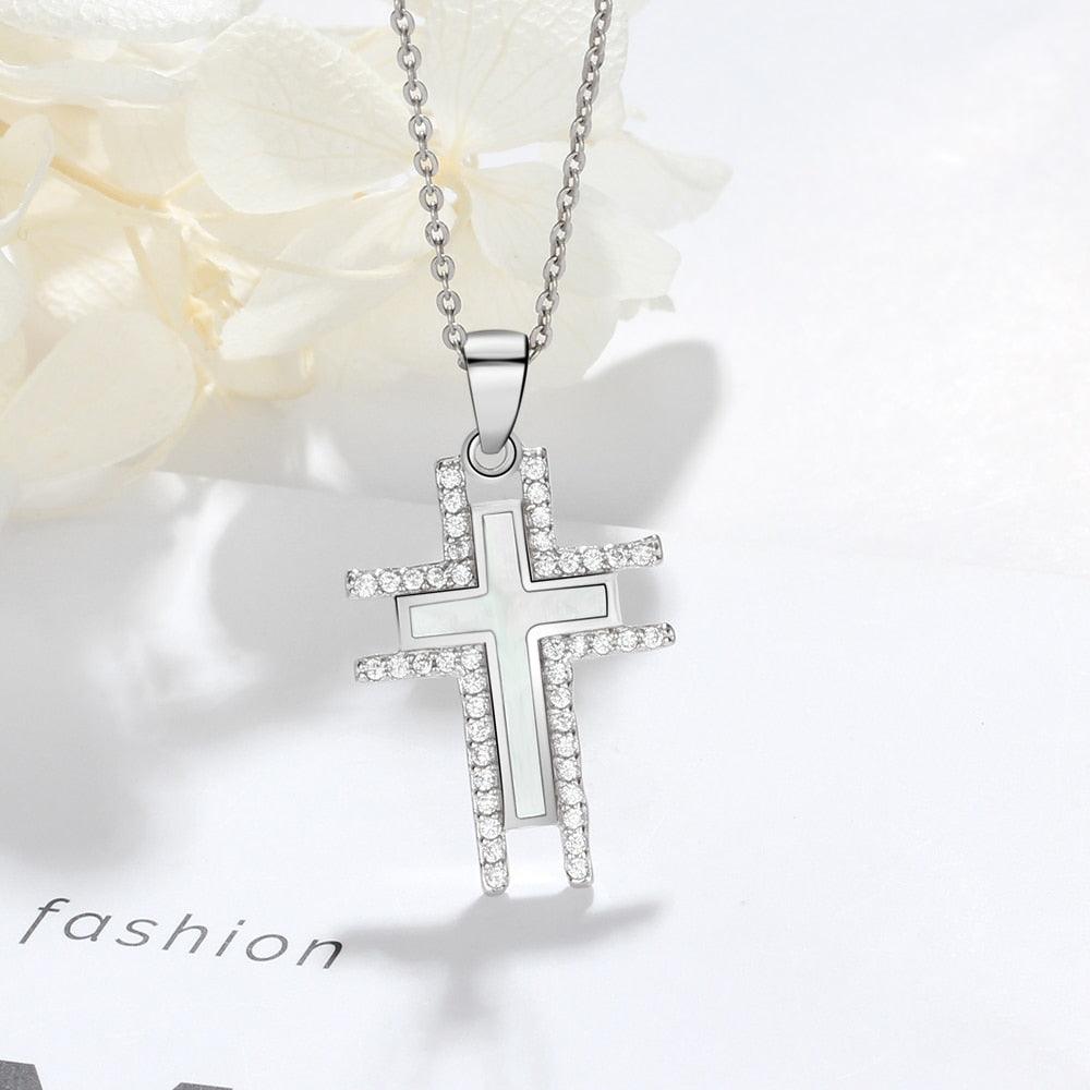 Silver Necklace For Women Cross Pearl Oysters Pendants Cubic Zirconia Religious Jewelry Hot Sale - Personalized Jewel