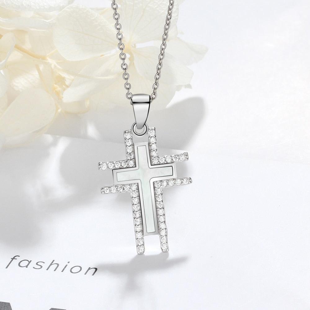 Silver Necklace For Women Cross Pearl Oysters Pendants Cubic Zirconia Religious Jewelry Hot Sale - Personalized Jewel