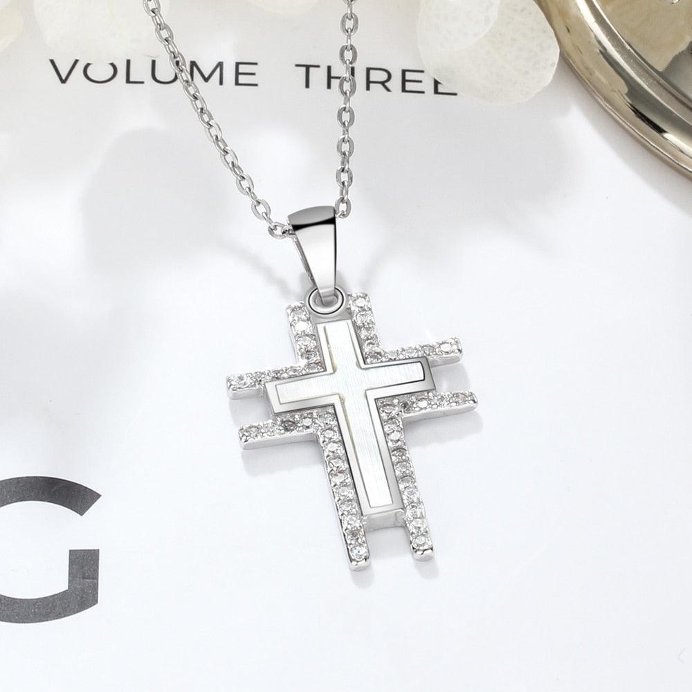 Silver Necklace For Women Cross Pearl Oysters Pendants Cubic Zirconia Religious Jewelry Hot Sale - Personalized Jewel