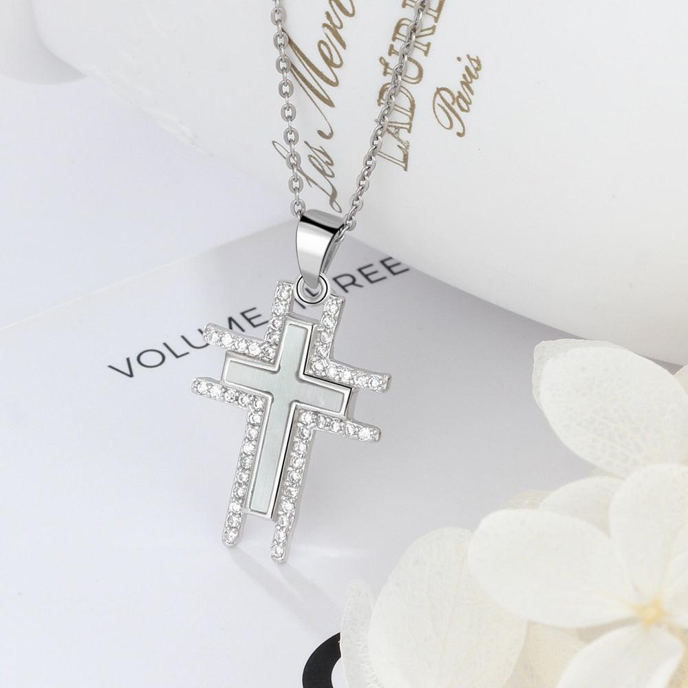 Silver Necklace For Women Cross Pearl Oysters Pendants Cubic Zirconia Religious Jewelry Hot Sale - Personalized Jewel