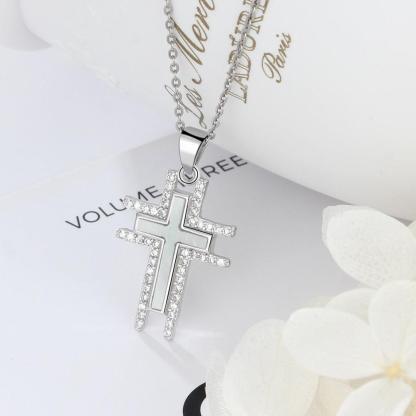 Silver Necklace For Women Cross Pearl Oysters Pendants Cubic Zirconia Religious Jewelry Hot Sale - Personalized Jewel