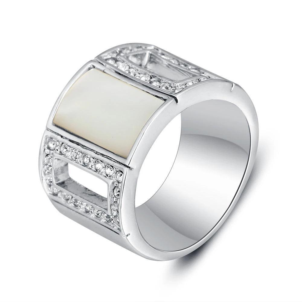 Simple Style Zinc Alloy Rhodium Plated Hollow Party Rings with Square Shell Stone – Trendy Jewelry for Women - Personalized Jewel