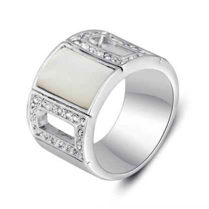 Simple Style Zinc Alloy Rhodium Plated Hollow Party Rings with Square Shell Stone – Trendy Jewelry for Women - Personalized Jewel